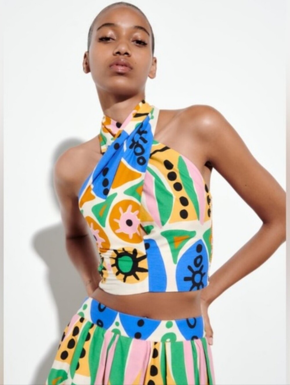 Zara 100% Cotton Colorful Bohemian Multicolor Prints Halter Crop Top - XS